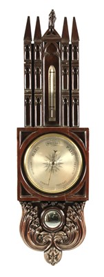 Lot 761 - A LARGE AND UNUSUAL 19TH CENTURY GOTHIC CASED MERCURY WHEEL BAROMETER