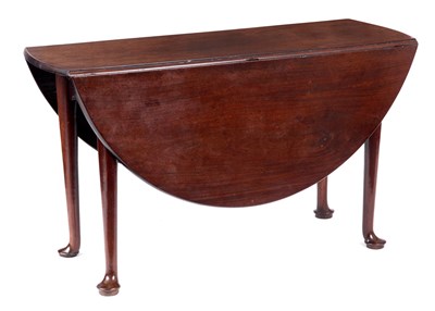 Lot 853 - A GEORGE II FLAMED MAHOGANY DROP LEAF DINING...