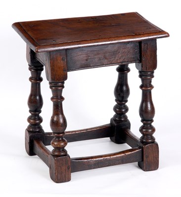 Lot 732 - A 18TH CENTURY STYLE OAK JOINT STOOL of pegged...