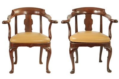 Lot 927 - AN UNUSUAL PAIR OF GEORGE II MAHOGANY SMOKERS BOW ARMCHAIRS