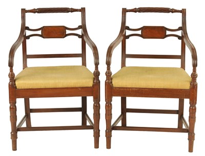 Lot 1272 - A PAIR OF REGENCY MAHOGANY BRASS INLAID OPEN ARMCHAIRS