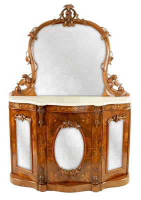 Lot 1317 - A VICTORIAN BURR WALNUT AND MAHOGANY MIRROR BACK CREDENZA OF SMALL PROPORTIONS