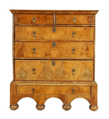 Lot 1174 - AN EARLY 18TH CENTURY FIGURED WALNUT CHEST RAISED ON STAND