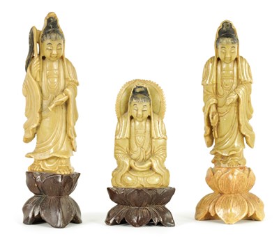 Lot 1216 - THREE LATE 19TH CENTURY CHINESE CARVED SOAPSTONE FIGURES