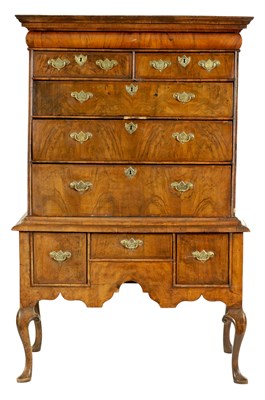 Lot 948 - AN EARLY 18TH CENTURY HERRINGBONE-BANDED FIGURED WALNUT CHEST ON STAND