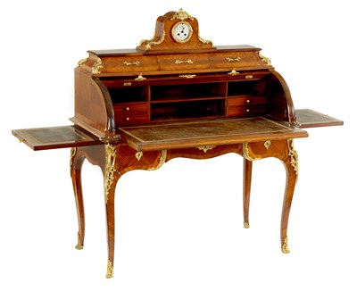 Lot 950 - A 19TH CENTURY LOUIS XVI STYLE ORMOLU MOUNTED KINGWOOD AND MARQUETRY BUREAU A CYLINDRE