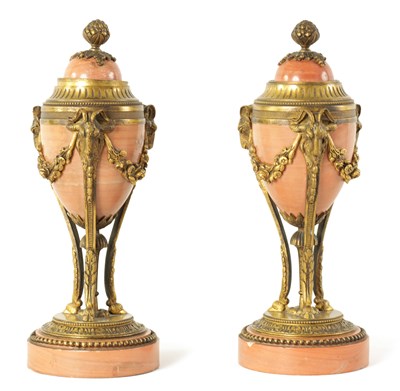 Lot 471 - A PAIR OF 19TH CENTURY ADAM STYLE ORMOLU MOUNTED PINK MARBLE REVERSIBLE URNS/CANDLESTICKS