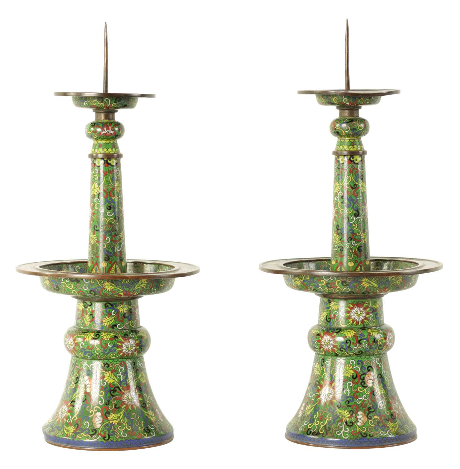 Lot 79 - A PAIR OF 19TH CENTURY CHINESE CLOISONNE ENAMEL PRICKET STICKS