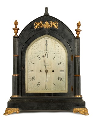 Lot 796 - J. TEARE, LONDON. A LATE 19TH CENTURY GOTHIC EBONISED DOUBLE FUSEE EIGHT BELL QUARTER CHIMING BRACKET CLOCK