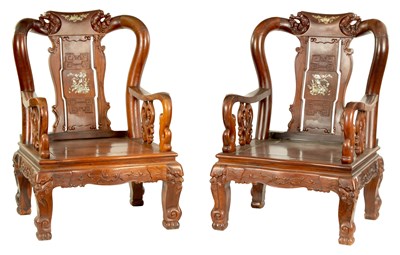 Lot 94 - A PAIR OF 20TH CENTURY CHINESE HARDWOOD OVERSIZED ARM CHAIRS