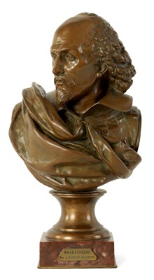 Lot 446 - CARRIER BELLEUSE. A LATE 19TH CENTURY FRENCH BRONZE BUST MODELLED AS SHAKESPEARE