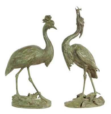 Lot 505 - A PAIR OF 19TH CENTURY PATINATED BRONZE HERONS