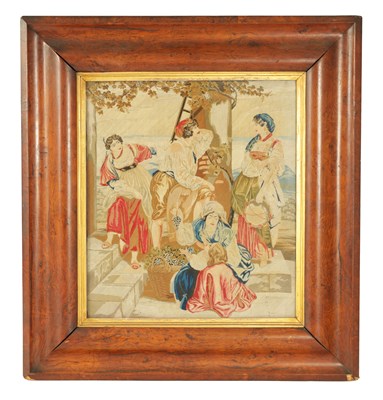Lot 1187 - A 19TH CENTURY POLLARD OAK CUSHION FRAME WITH TAPESTRY PANEL