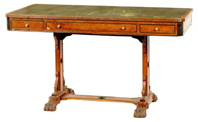 Lot 1001 - A LATE REGENCY AMBOYNA AND ROSEWOOD LIBRARY TABLE