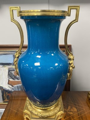 Lot 77 - A GOOD GARNITURE OF THREE 19TH CENTURY TURQUOISE GLAZED CHINESE VASES WITH ORMOLU MOUNTS