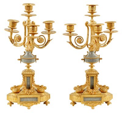 Lot 491 - A PAIR OF 19TH CENTURY ORMOLU AND GREY MARBLE THREE BRANCH CANDELABRA