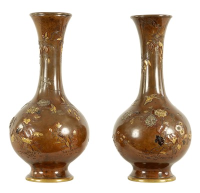 Lot 195 - A PAIR OF JAPANESE MEIJI PERIOD PATINATED BRONZE AND MIXED METAL INLAID CABINET VASES