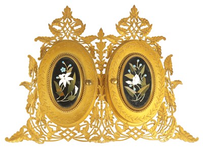 Lot 483 - A LATE 19TH CENTURY ENGRAVED GILT BRASS PIETRA DURA INLAID DOUBLE PHOTO FRAME RETAILED BY T.RUSSELL, BRIGHTON