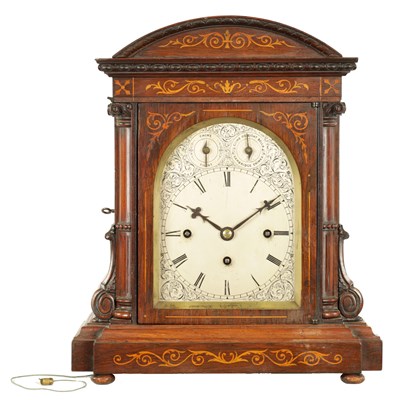 Lot 745 - GRIMSHAW & BAXTER, LONDON. A LATER 19TH CENTURY MINIATURE ROSEWOOD AND MARQUETRY INLAID THREE TRAIN FUSEE MANTEL CLOCK OF SMALL SIZE