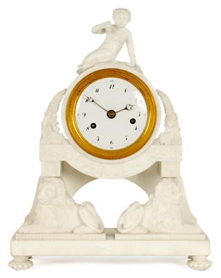 Lot 784 - A STYLISH 19TH CENTURY FRENCH EMPIRE WHITE MARBLE MANTEL CLOCK