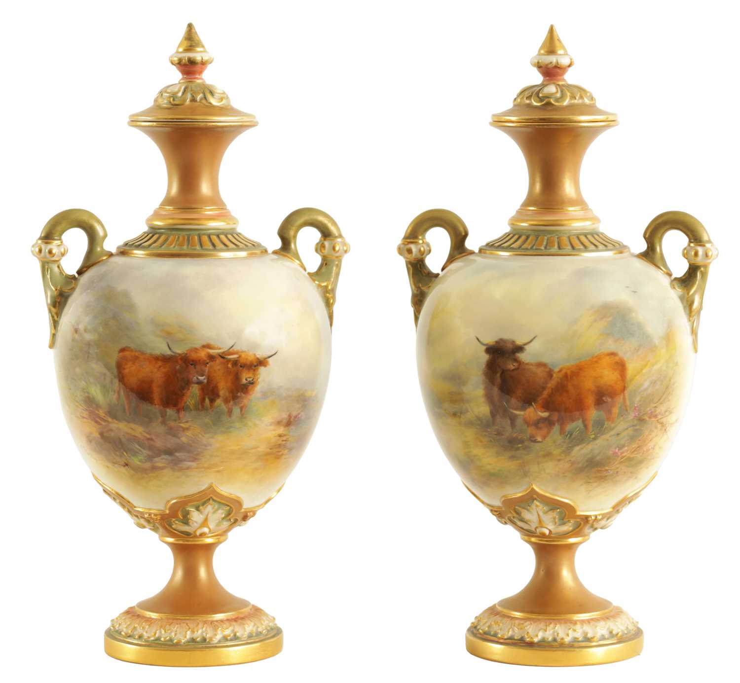 Lot 43 - HARRY STINTON. A FINE PAIR OF ROYAL WORCESTER OVOID PEDESTAL CABINET VASES AND COVERS
