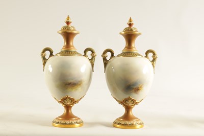 Lot 43 - HARRY STINTON. A FINE PAIR OF ROYAL WORCESTER OVOID PEDESTAL CABINET VASES AND COVERS
