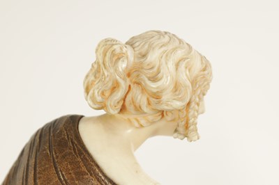 Lot 787 - LEONIE BOEHM-HENNES. AN ART NOUVEAU MIXED MEDIA  WALNUT AND IVORY CARVED SCULPTURE OF A YOUNG LADY