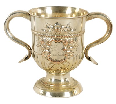 Lot 311 - A LATE GEORGIAN OLD SHEFFIELD PLATE TWO HANDLED TROPHY CUP