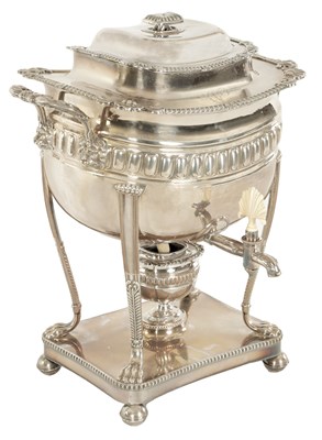 Lot 293 - A REGENCY SILVER PLATED TWO HANDLED TEA URN