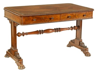 Lot 969 - A FINE LATE REGENCY FIGURED ROSEWOOD LIBRARY TABLE IN THE MANNER OF GILLOWS