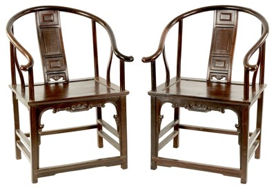 Lot 160 - A FINE PAIR OF 19TH CENTURY CHINESE HARDWOOD YOKE BACK ARMCHAIRS