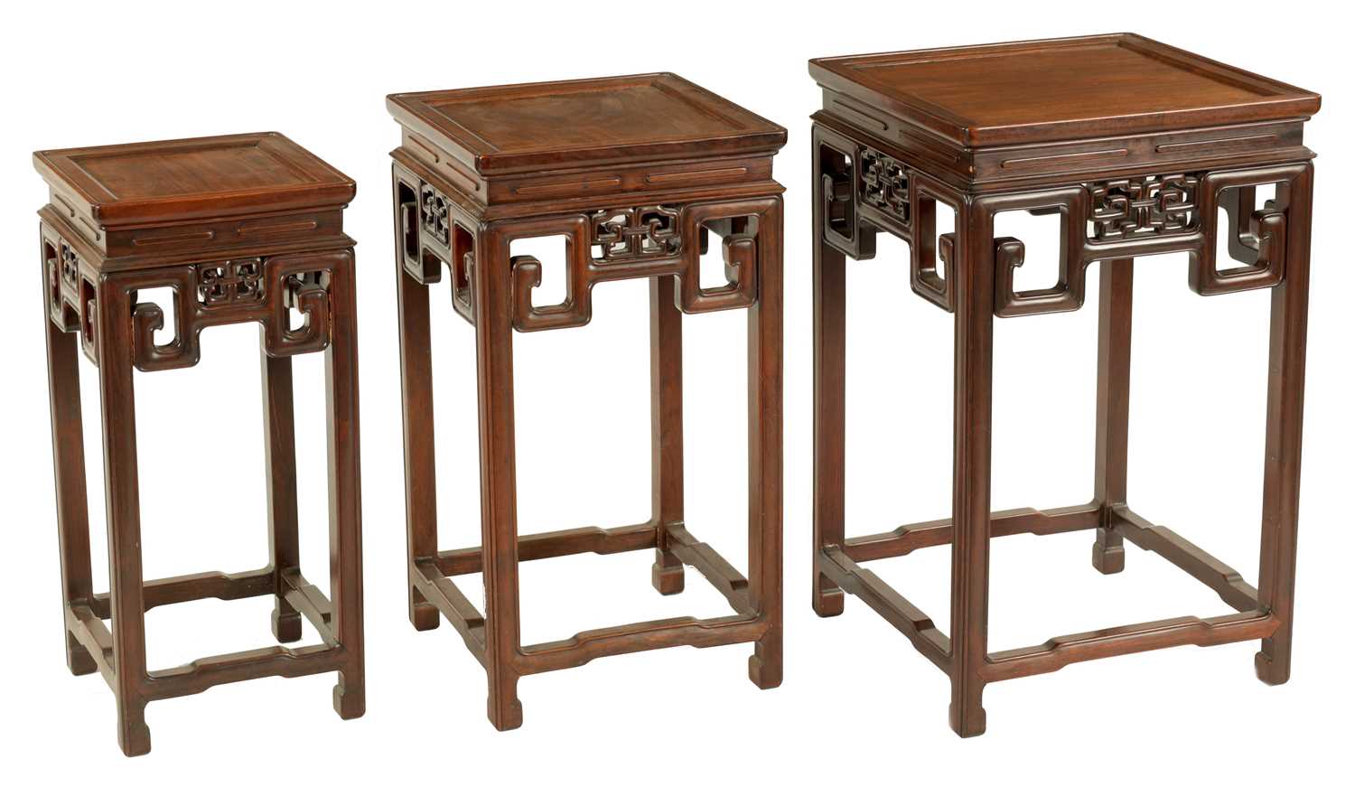 Lot 191 - A GOOD SET OF THREE 19TH CENTURY CHINESE HARDWOOD OCCASIONAL TABLES POSSIBLY HUANGHUALI WOOD