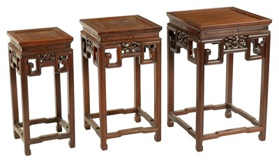 Lot 191 - A GOOD SET OF THREE 19TH CENTURY CHINESE HARDWOOD OCCASIONAL TABLES POSSIBLY HUANGHUALI WOOD