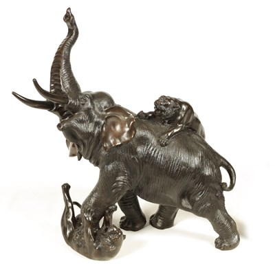 Lot 100 - AN IMPRESSIVE JAPANESE MEIJI PERIOD PATINATED BRONZE ELEPHANT SCULPTURE OF LARGE SIZE