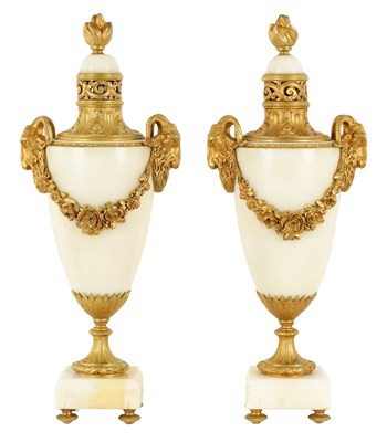 Lot 451 - A PAIR OF 19TH CENTURY FRENCH ORMOLU MOUNTED WHITE MARBLE URNS