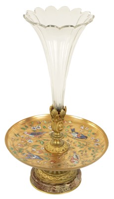 Lot 612 - A STYLISH 19TH CENTURY FRENCH ROUGE MARBLE AND ORMOLU TABLE CENTREPIECE WITH CENTRE GLASS TRUMPET VASE