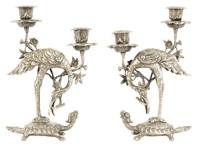 Lot 459 - AN UNUSUAL PAIR OF 19TH CENTURY SILVERED BRONZE TWO BRANCH CANDELABRA