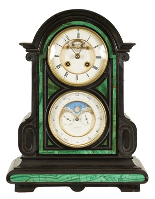 Lot 751 - A LATE 19TH CENTURY MALACHITE AND BLACK SLATE FRENCH MANTEL CLOCK