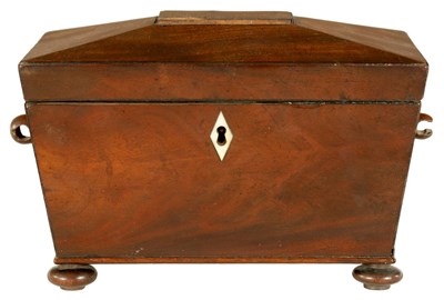 Lot 581 - A LATE REGENCY FIGURED MAHOGANY TEA CADDY