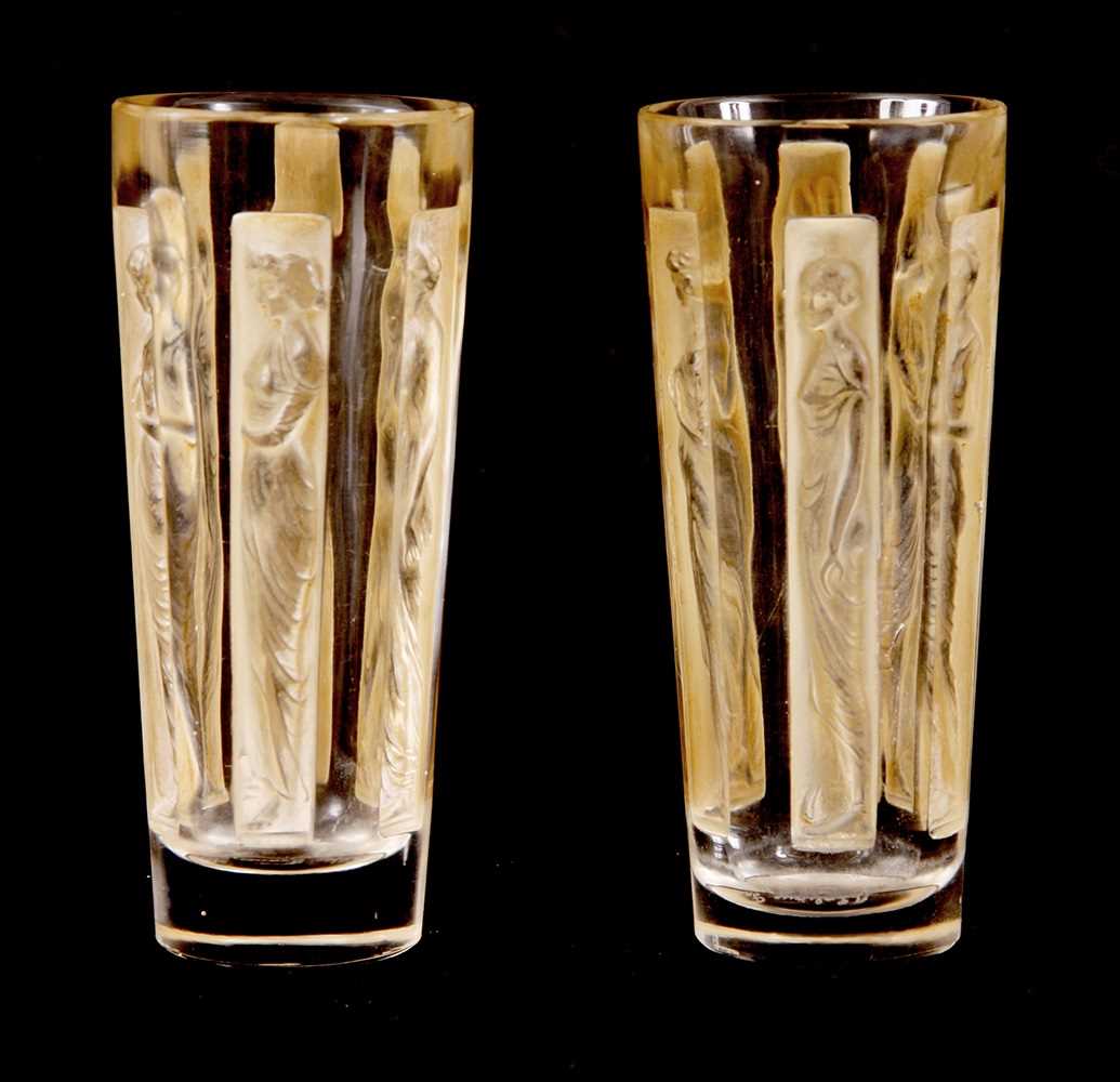 Lot 20 - R LALIQUE, A PAIR OF SIX FIGURINE SEPIA...