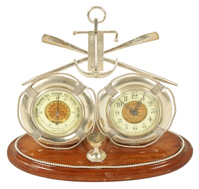 Lot 1232 - OF NAUTICAL INTEREST - A LATE 19TH CENTURY CLOCK/ANEROID BAROMETER DESK COMPENDIUM