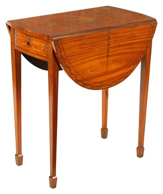 Lot 992 - AN EDWARDIAN SHERATON REVIVAL PAINTED SATINWOOD PEMBROKE TABLE