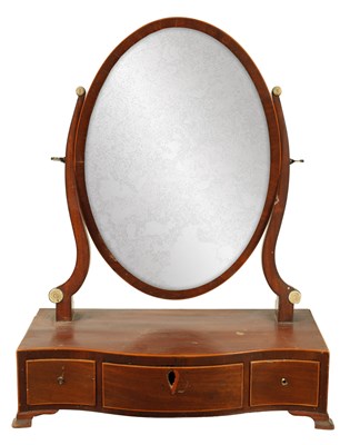 Lot 1286 - A GEORGE III BOX-WOOD MAHOGNAY SERPENTINE DRESSING TABLE MIRROR