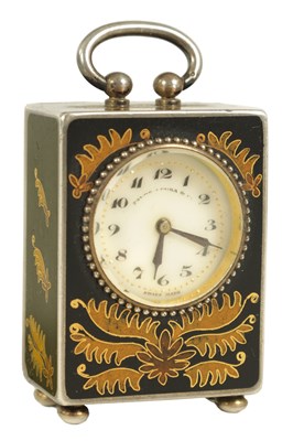 Lot 811 - A LATE 19TH CENTURY SWISS .925 STERLING SILVER AND BLACK ENAMEL MINIATURE BOUDOIR CLOCK