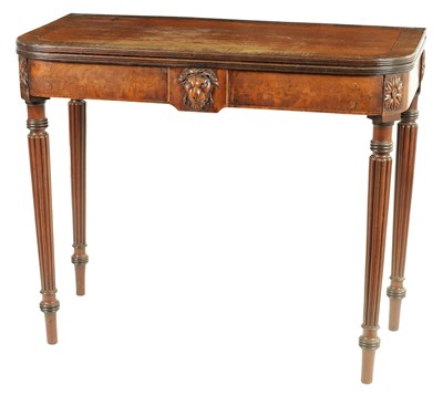 Lot 876 - A LATE REGENCY FIGURED MAHOGANY FOLD OVER TEA TABLE IN THE MANNER OF GILLOWS