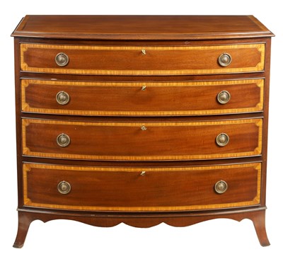 Lot 1309 - A 20TH CENTURY GEORGE III STYLE SATINWOOD CROSS-BANDED INLAID MAHOGANY BOW-FRONTED CHEST OF DRAWERS