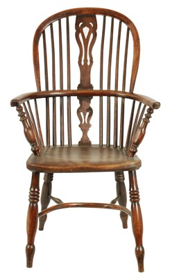 Lot 1062 - A 19TH CENTURY YEW WOOD AND ELM HIGH BACK WINDSOR CHAIR