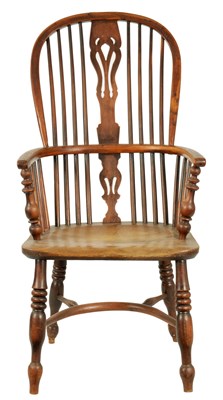 Lot 1087 - A 19TH CENTURY YEW WOOD AND ELM HIGH BACK WINDSOR CHAIR