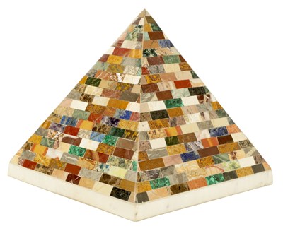 Lot 680 - A 19TH CENTURY STYLE COLOURED HARDSTONE PYRAMID