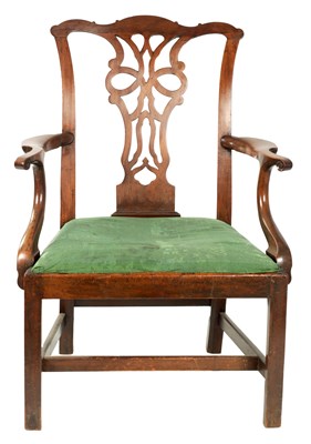 Lot 1381 - AN EARLY GEORGE III CHIPPENDALE DESIGN MAHOGANY OPEN ARM CHAIR OF GENEROUS SIZE